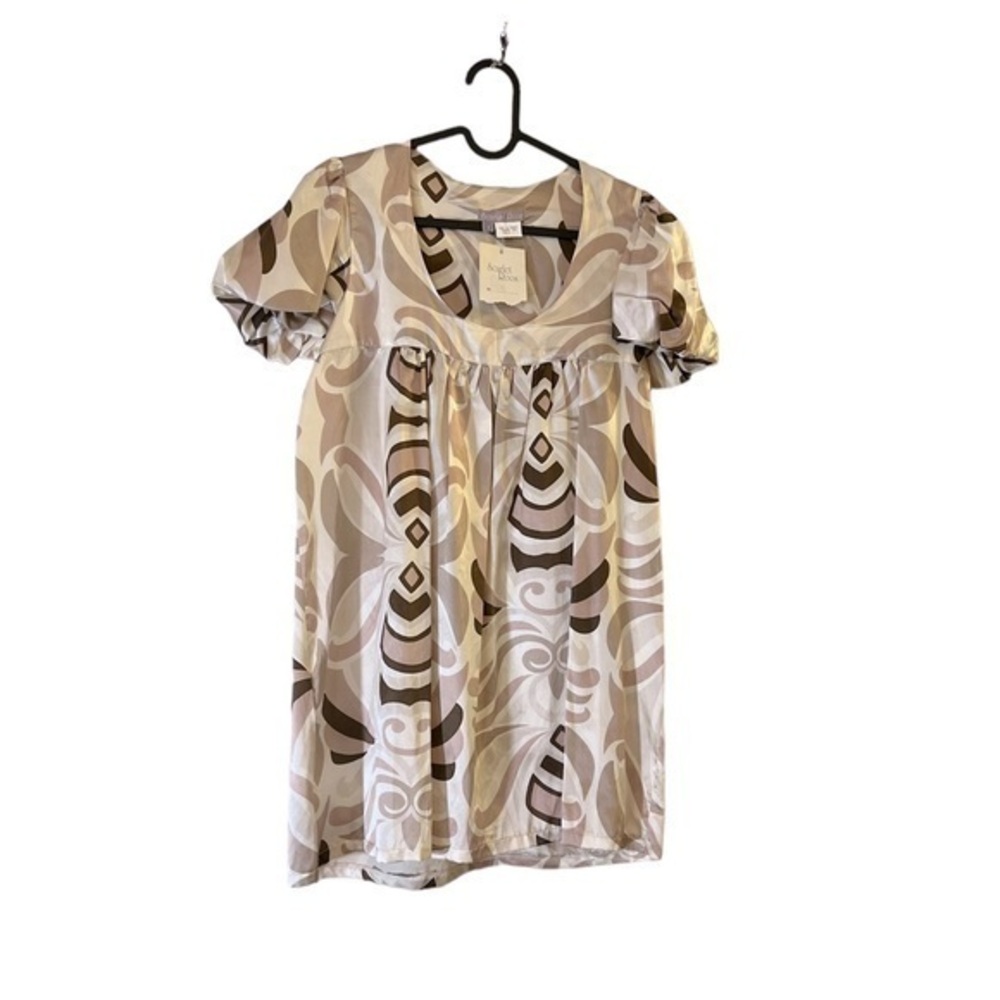 NWT! SCARLET ROOS Paris Mod Retro Print 100% Silk Tunic Mini Dress, taupe brown